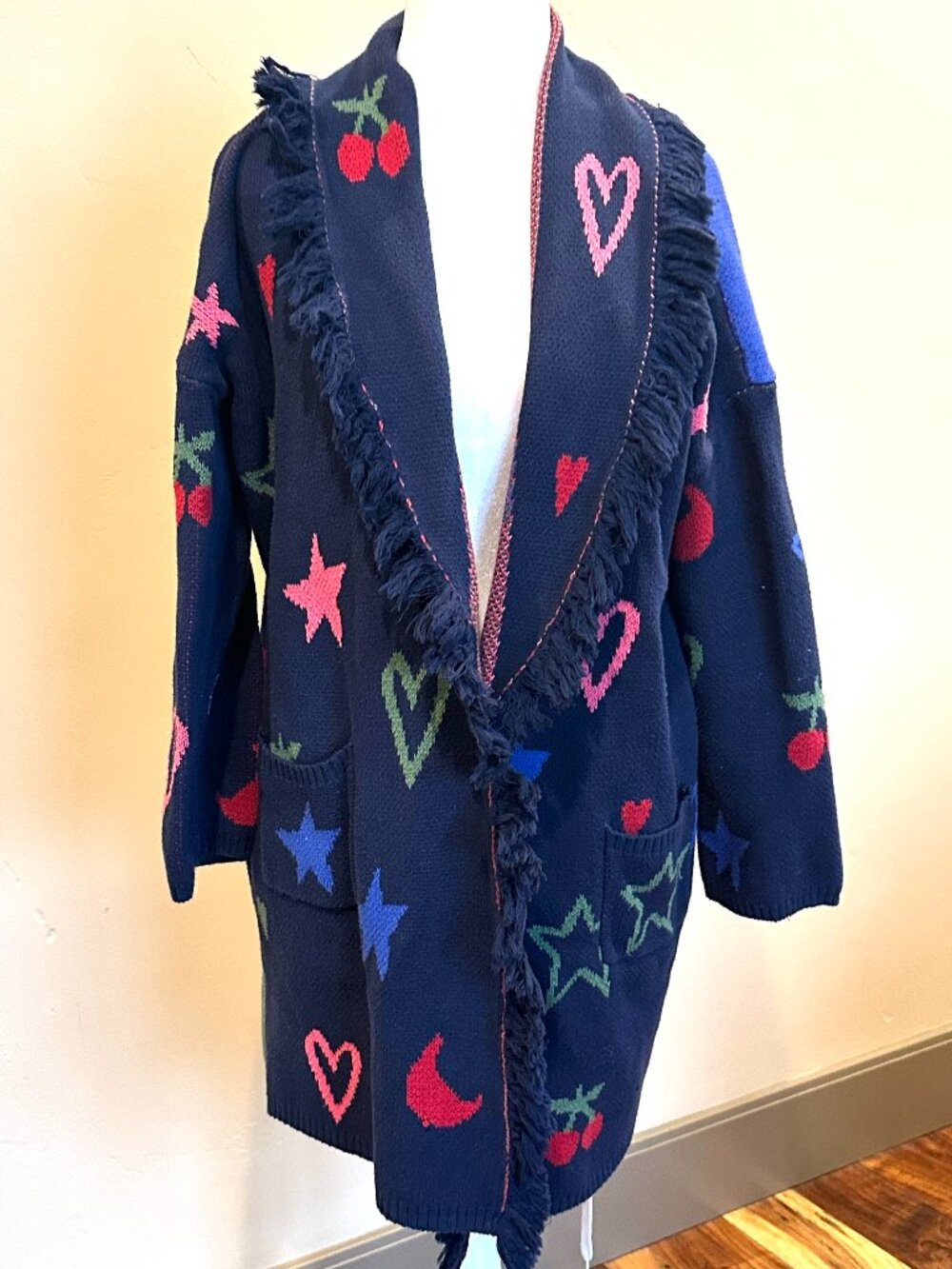 Vilagallo Multicolor Graphic Knit Cardigan - Blue, Red, Pink, Green